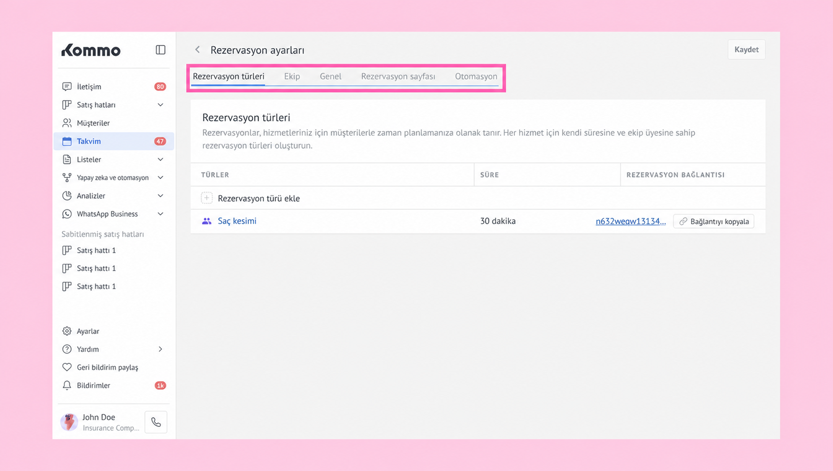 Settings page for reservations with options for types and durations displayed.